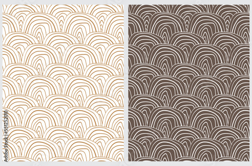 Hand Drawn Geometric Seamless Vector Pattern Set. Irregular Brush Arcs on a White and Dark Dusty Brown Background. Cute Simple Abstract Doodle Repeatable Print ideal for Fabric,Textile,Wrapping Paper.