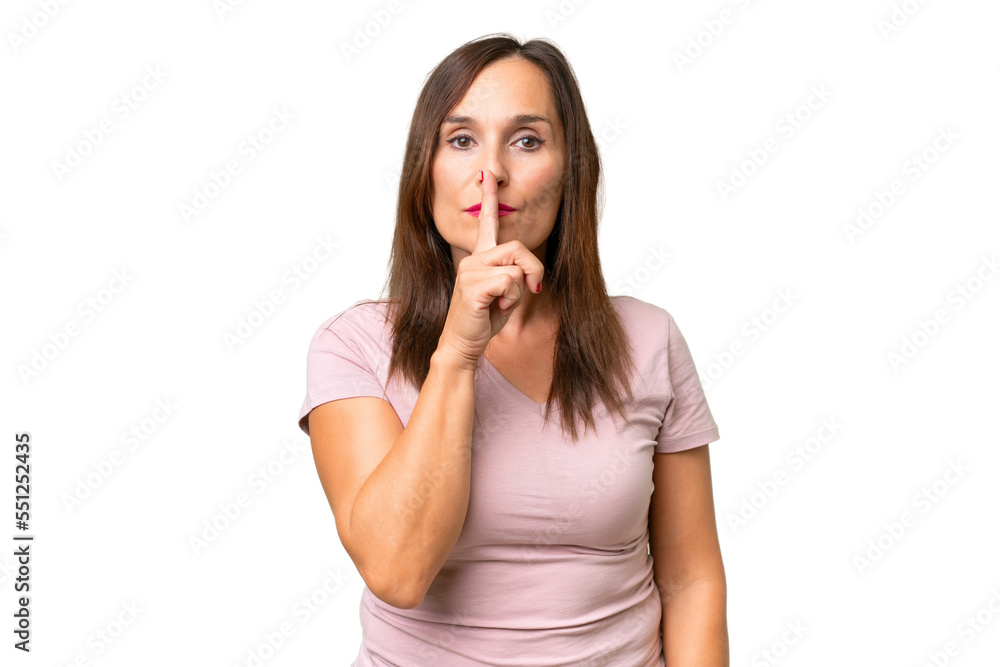 Middle-aged caucasian woman over isolated background showing a sign of silence gesture putting finger in mouth Middle-aged caucasian woman over isolated background showing a sign of silence gesture putting finger in mouth