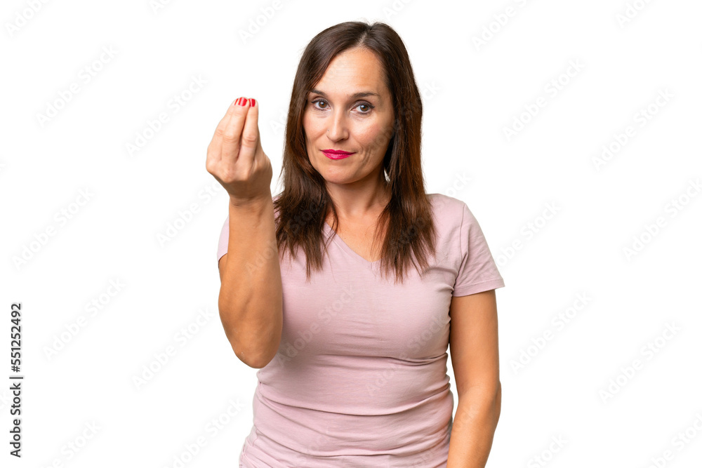 Middle-aged caucasian woman over isolated background making Italian gesture Middle-aged caucasian woman over isolated background making Italian gesture