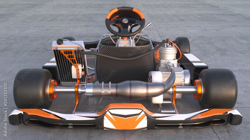 Naklejka premium 3D Rendered Illustration of a shifter style Go Kart. Tire Logos are Fictitious and translate to fast wheel from Latin. Rear View Straight On.