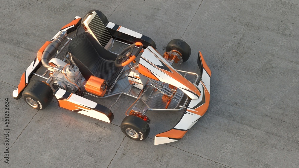 3D Rendered Illustration of a shifter style Go Kart. Tire Logos are Fictitious and translate to fast wheel from Latin. Top Side View.