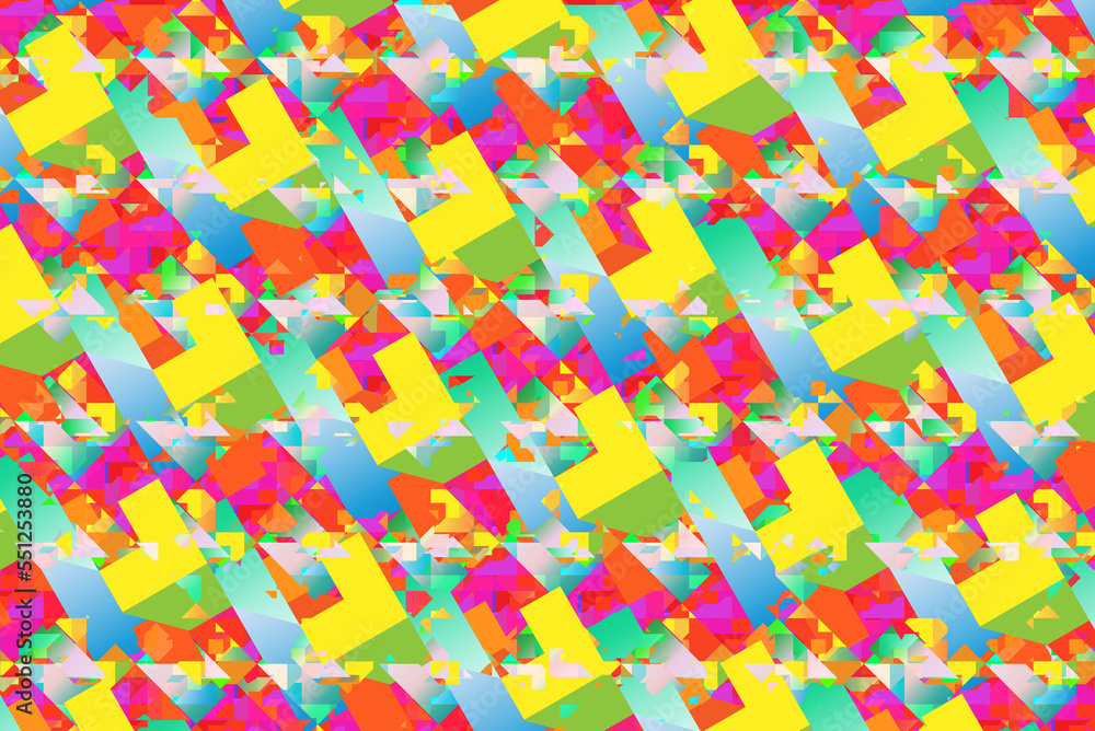 Minimal overlapping geometric shapes in gradient neon colors in a diagonal order, overlapping