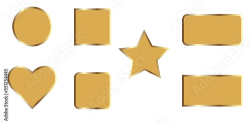 Set of figures with golden frame, square, circle, rectangle, star, heart