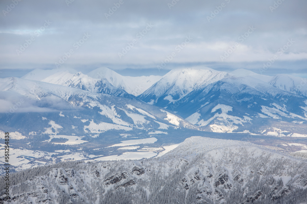 landscape panoramic view of snowed winter tatra mountains