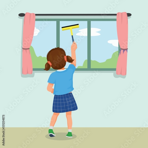 cute little girl cleaning window with squeegee doing daily chores
