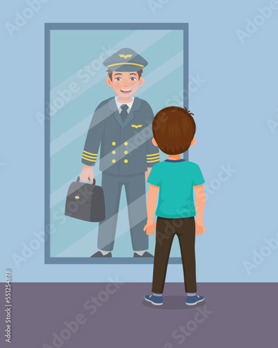 cute little boy dreaming about becoming a pilot when he grown up in front of mirror 