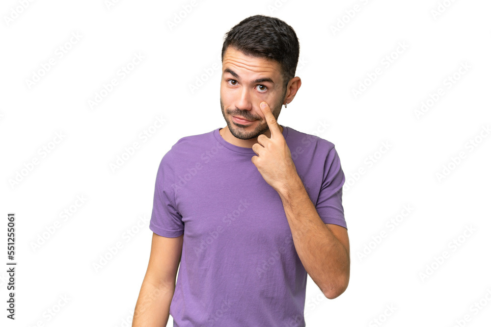 Young handsome caucasian man over isolated background showing something Young handsome caucasian man over isolated background showing something
