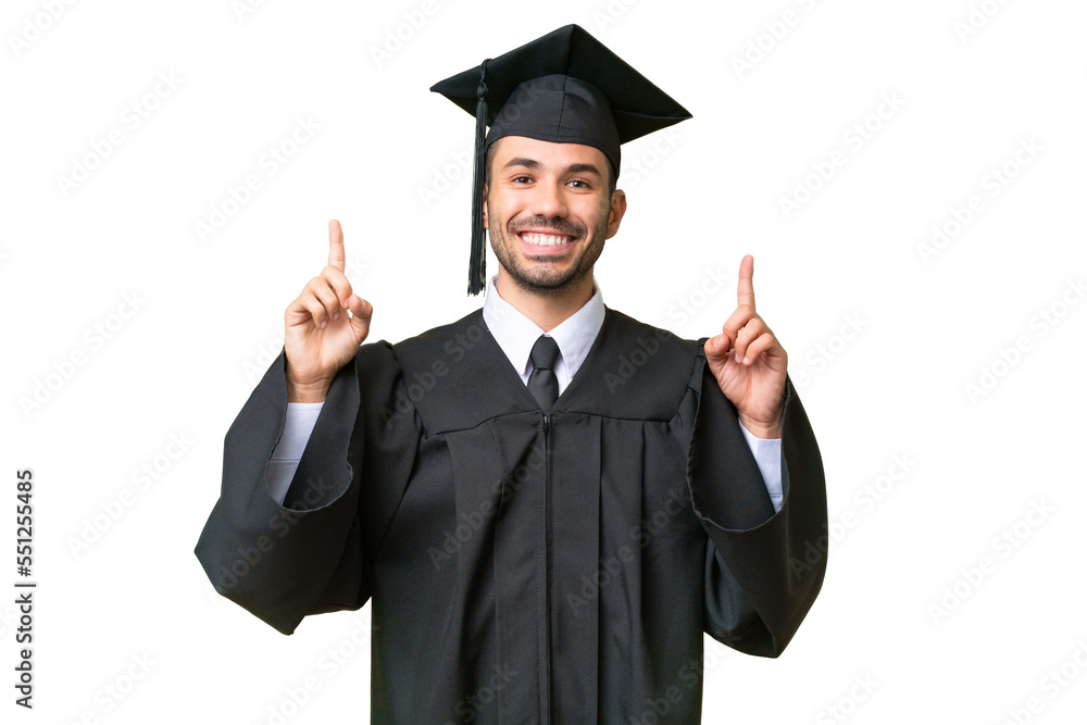 Young university graduate man over isolated background pointing up a great idea Young university graduate man over isolated background pointing up a great idea