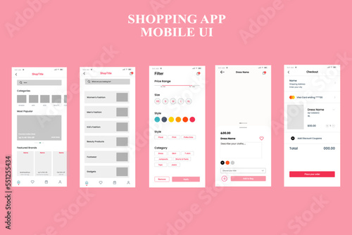 Online shopping UI design screens for mobile app templates buyers choose products and pay vector illustration.
