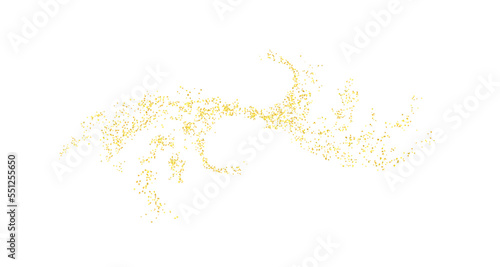 Composition from curls, swirl plume golden abstract grainy texture. Gold dust. Sand particles grain. Pieces abstract. plume. Jewelry, carefully placed by hand. Jewel confetti. Vector.