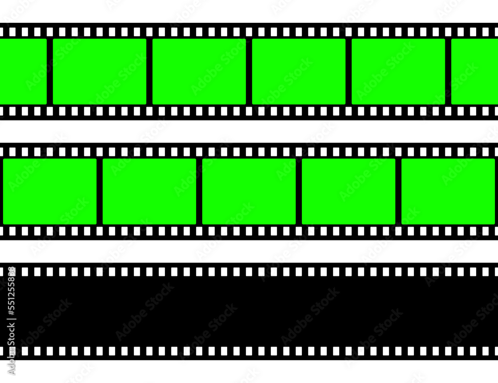 Realistic blank film strip, camera roll. Old retro cinema movie strip with green chroma key background. Analog video recording and photography. Visual effects compositing. Vector illustration Realistic blank film strip, camera roll. Old retro cinema movie strip with green chroma key background. Analog video recording and photography. Visual effects compositing. Vector illustration