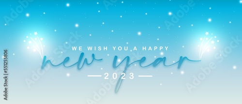 We wish you a Happy New Year 2023 with trendy sky blue color greeting 