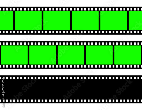 Realistic blank film strip, camera roll. Old retro cinema movie strip with green chroma key background. Analog video recording and photography. Visual effects compositing. Vector illustration