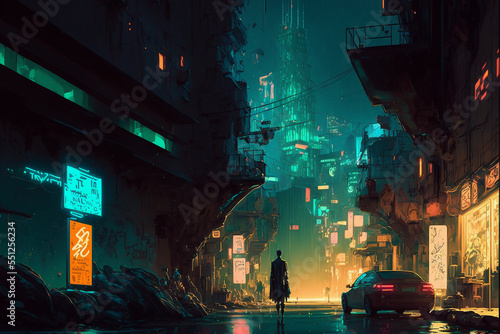 Futuristic Cyberpunk City Street, City Street at Night, Concept Art, Digital Illustration, 