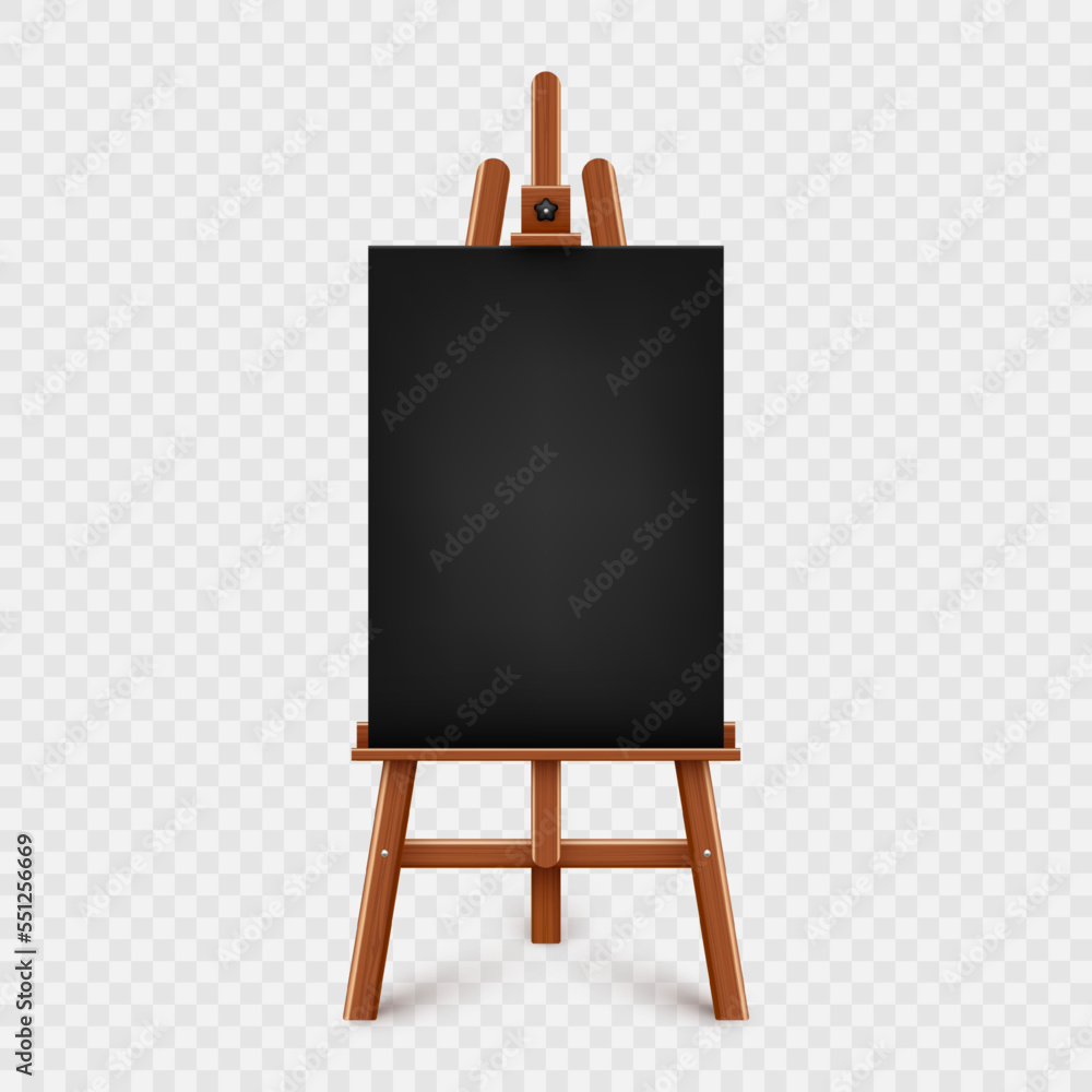 Realistic paint desk with blank black canvas. Wooden easel and a sheet of drawing paper. Presentation board on a tripod. Artwork mockup, template. Vector illustration Realistic paint desk with blank black canvas. Wooden easel and a sheet of drawing paper. Presentation board on a tripod. Artwork mockup, template. Vector illustration
