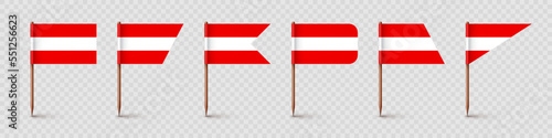 Realistic various Austrian toothpick flags. Souvenir from Austria. Wooden toothpicks with paper flag. Location mark, map pointer. Blank mockup for advertising and promotions. Vector illustration