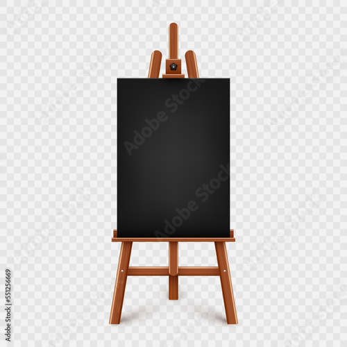 Realistic paint desk with blank black canvas. Wooden easel and a sheet of drawing paper. Presentation board on a tripod. Artwork mockup, template. Vector illustration