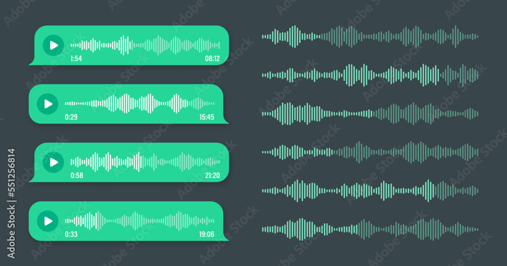 Voice, audio message, green speech bubble. SMS text frame. Social media chat or messaging app conversation. Voice assistant, recorder. Sound wave pattern. Dark mode. Vector illustration Voice, audio message, green speech bubble. SMS text frame. Social media chat or messaging app conversation. Voice assistant, recorder. Sound wave pattern. Dark mode. Vector illustration