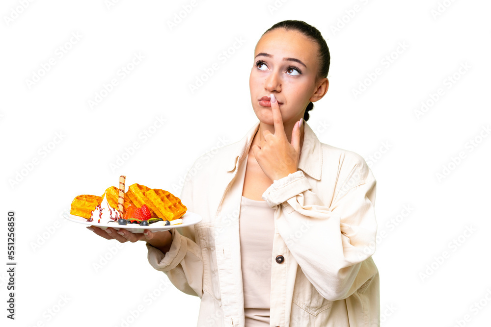 Young Arab woman holding waffles over isolated background having doubts while looking up