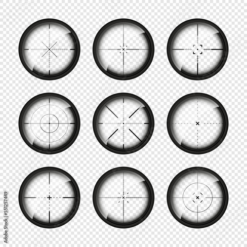 Various weapon sights, sniper rifle optical scopes. Hunting gun viewfinder with crosshair. Aim, shooting mark symbol. Military target sign, silhouette. Game interface UI element. Vector illustration