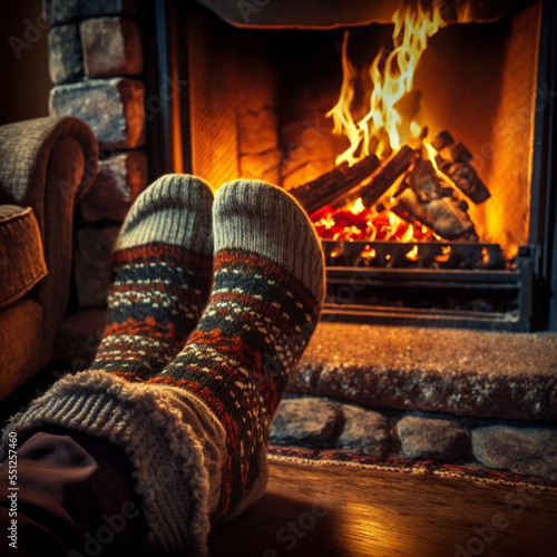 Feet in woolen socks by the Christmas fireplace