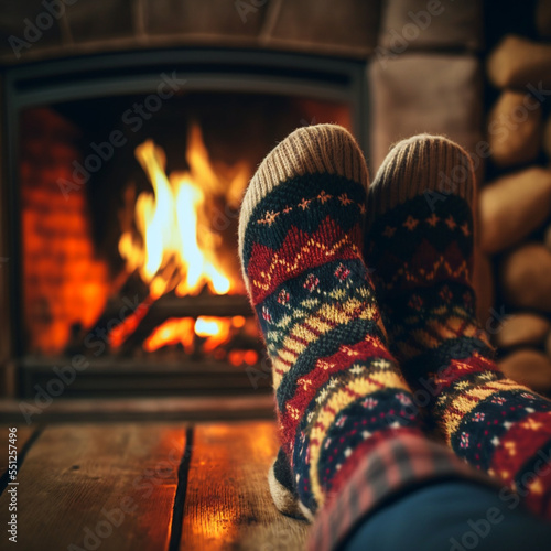 Feet in woolen socks by the Christmas fireplace