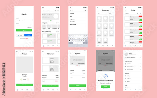 Online Grocery app screens set for mobile app template UI UX GUI user interface kit. online supermarket.