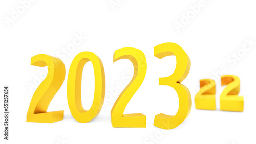 yellow 3d text of new year 2023 on white background