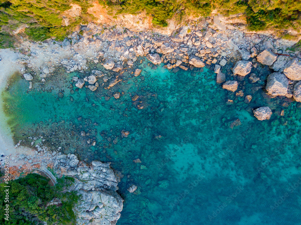 Aerial drone view of limni beach in corfu greece