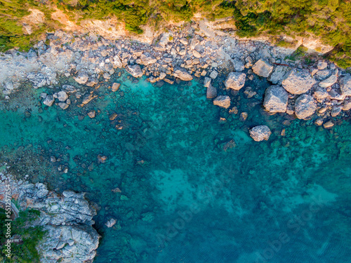 Aerial drone view of limni beach in corfu greece