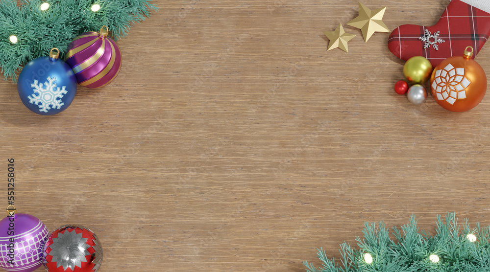 3D Rendering Christmas Theme Background with Wreath and Ornaments. Wood Wallpaper. 3D Rendering Christmas Theme Background with Wreath and Ornaments. Wood Wallpaper.
