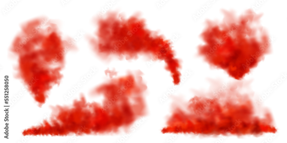 Red colorful smoke clouds isolated on white background, realistic mist effect, fog. Vapor in the air, steam flow. Vector illustration Red colorful smoke clouds isolated on white background, realistic mist effect, fog. Vapor in the air, steam flow. Vector illustration
