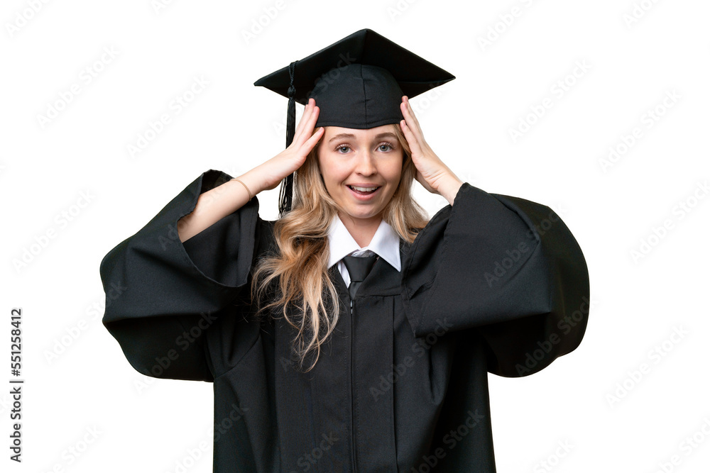 Young university English graduate woman over isolated background with surprise expression Young university English graduate woman over isolated background with surprise expression