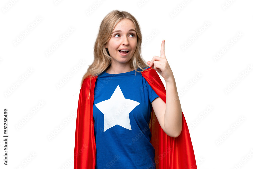 Super Hero English woman over isolated background intending to realizes the solution while lifting a finger up Super Hero English woman over isolated background intending to realizes the solution while lifting a finger up