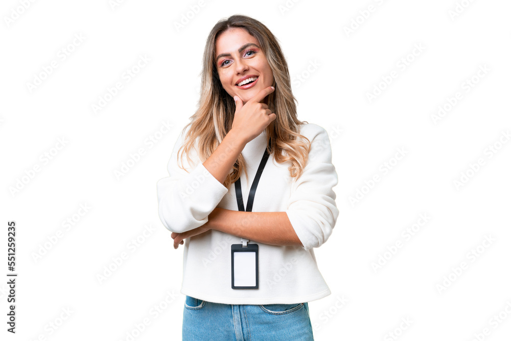 Young Uruguayan woman with ID card over isolated background happy and smiling Young Uruguayan woman with ID card over isolated background happy and smiling
