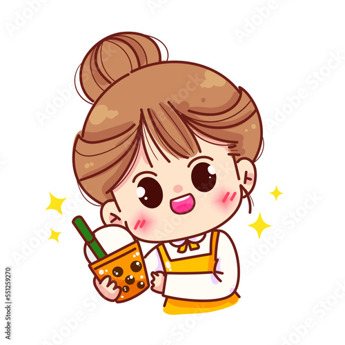 Girl holding bubble tea cafe restaurant logo hand draw vector illustration