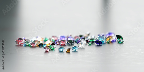 Colorful Gemstones diamond placed on glossy background 3d rendering
