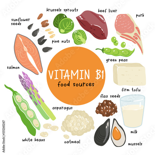 Collection of vitamin B1 sources. Food containing thiamin. Tofu, oatmeal, liver, pork, beans, peas, mussels, salmon, asparagus, flax seeds, brussels sprouts. Dietetic products, organic nutrition.
