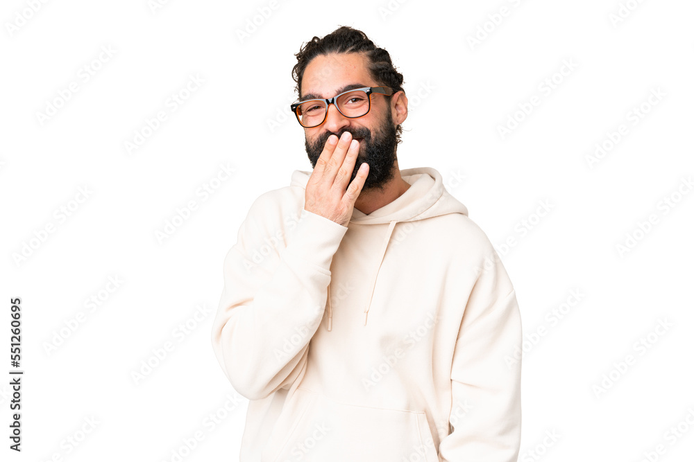 Young man with beard over isolated chroma key background happy and smiling covering mouth with hand Young man with beard over isolated chroma key background happy and smiling covering mouth with hand