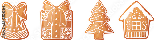 Christmas gingerbread set: a house, a Christmas tree, a bell, a gift with beautiful patterns of sweet icing. Holiday cookies on an isolated background. vector icon