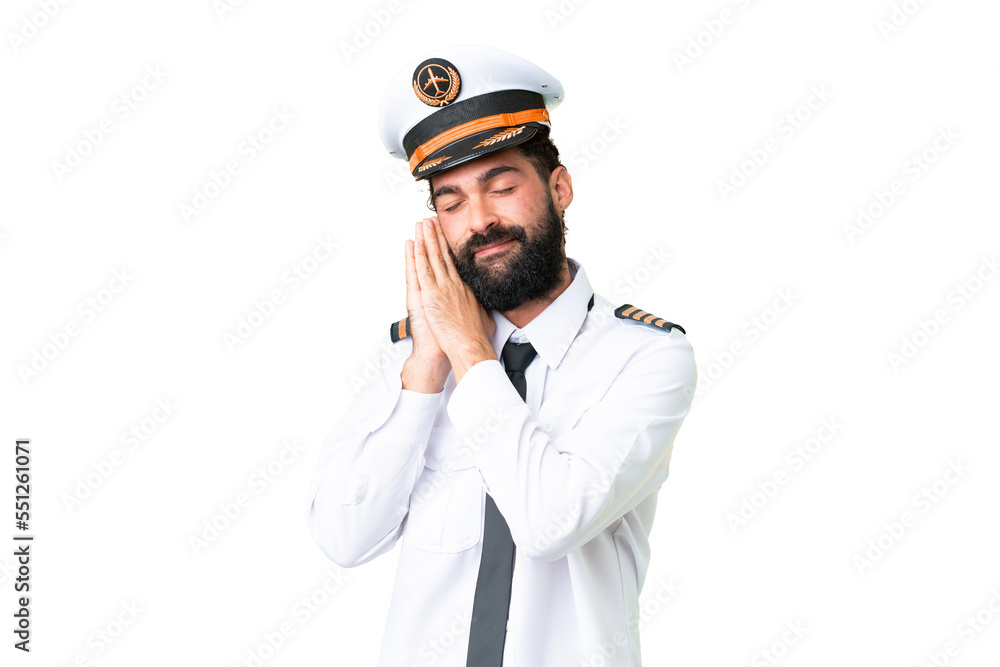 Airplane caucasian pilot man over isolated chroma key background making sleep gesture in dorable expression Airplane caucasian pilot man over isolated chroma key background making sleep gesture in dorable expression