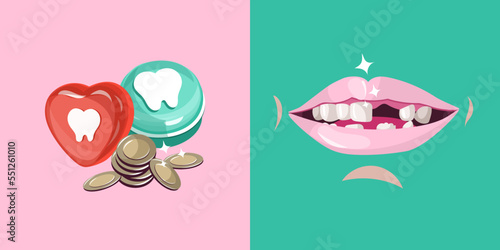 Lost tooth box, Fairy brings coins, gifts, money. Children heart little box. Kids smile without tooth. Cute flat vector illustration.