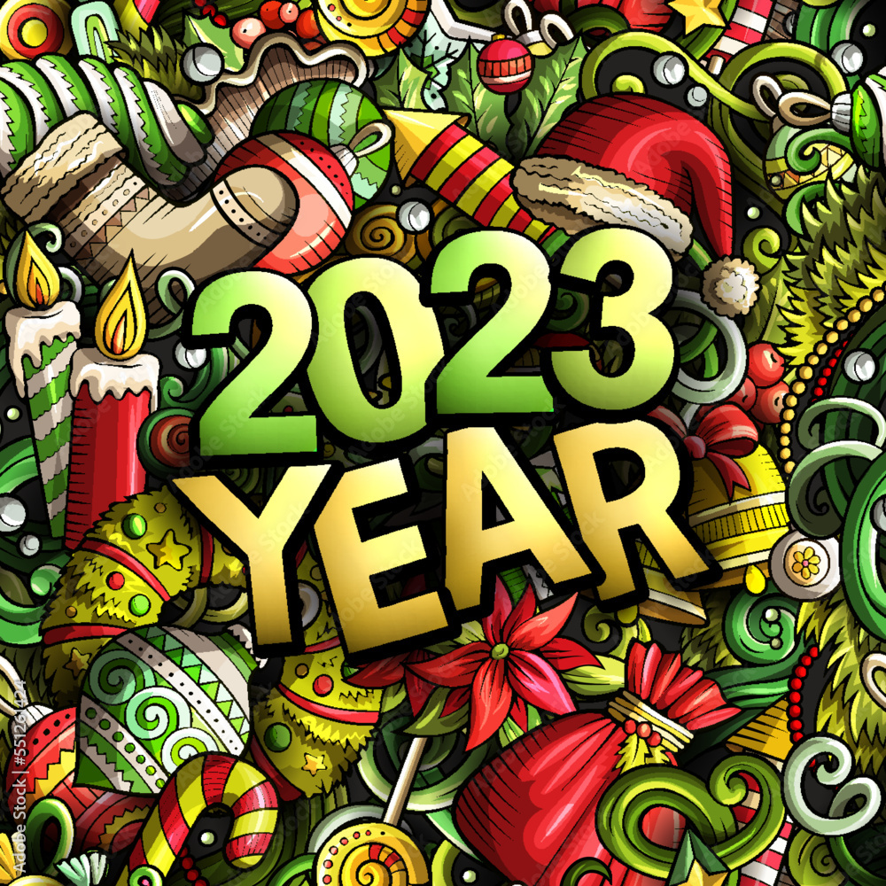 2023 doodles illustration. New Year objects and elements poster