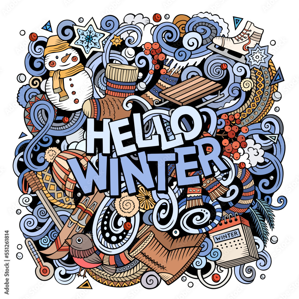 Hello Winter hand drawn doodles colorful vector illustration.