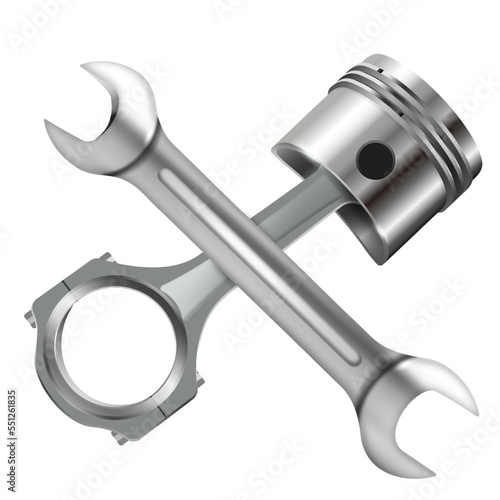 Vector realistic, 3D engine repair concept with wrench and piston isolated on white background.