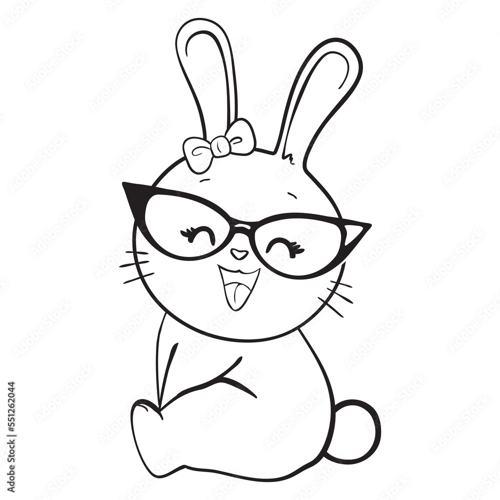 Cute Rabbit Line Art. Bunny With glasses. Easter Bunny. Bunny sketch vector illustration.