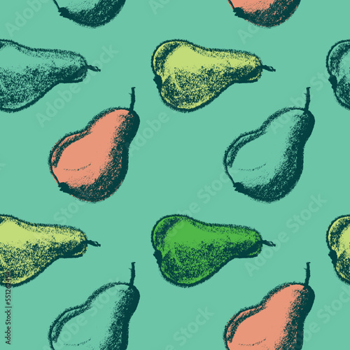 Color pears seamless pattern for fabric design. Peach tint pear textile ornament. Fruit background for Vegan banner, label juice. Yellow pear drawings for jam packaging. Natural hand drawn wallpaper.