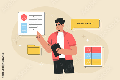 Hr manager hiring employees. Analysis and selection of resumes, choosing candidates for vacancy, human resources management. Hand drawn vector illustration isolated on background, flat cartoon style