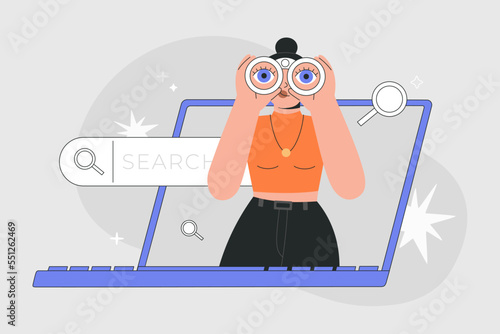 Young girl with binocular in computer screen. Hiring, headhunting concept. Hr manager searching new candidates for job vacancy. Hand drawn vector illustration isolated on background, modern flat style