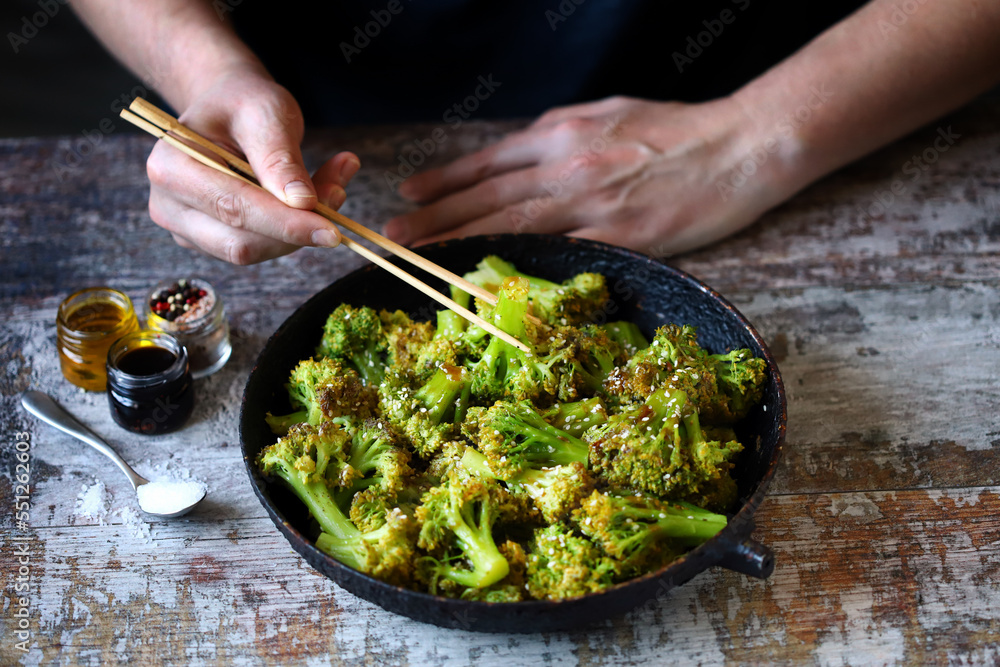 Broccoli baked with sweet and sour sauce. Healthy food. Broccoli baked with sweet and sour sauce. Healthy food.